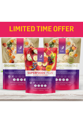 Available on pre-order - 2 x Organic Protein Beta G and 1 x Superfoods Plus - Beta G in stock in May
